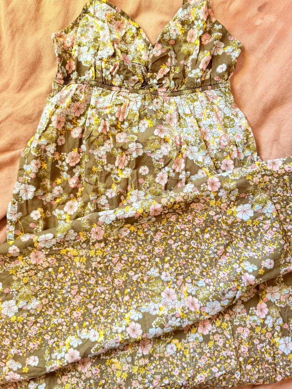 H&M Olive Green Floral Sundress with Pink and White Flowers